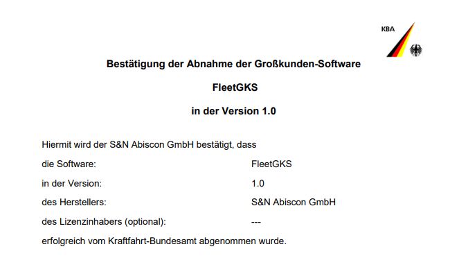 Bestätigung der Abnahme von fleetGKS durch das Kraftfahr-Bundesamt